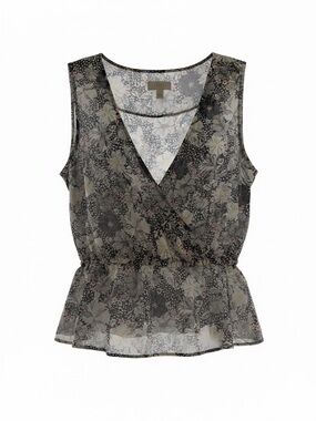 LOFT Black Floral Wrap Peplum Camisole with Pink and Cream Accents